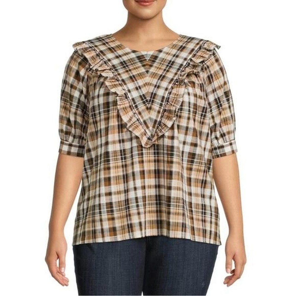 Terra & Sky Brown Plaid Ruffle Blouse